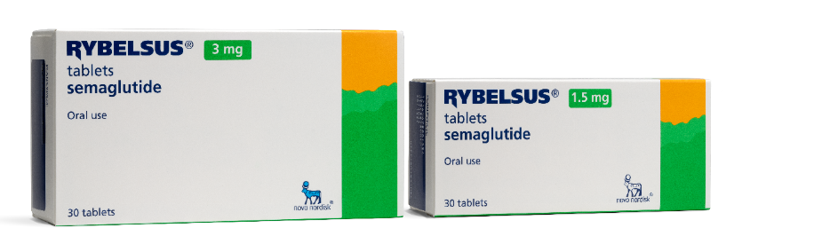 Sekundær pakning for Rybelsus laveste styrke, oprindelig til venstre, ny til højre.