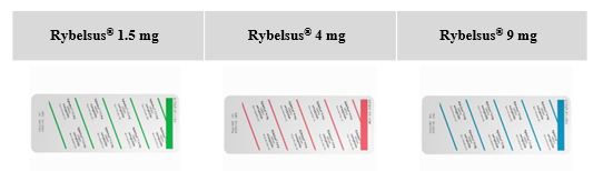Ny primær pakning for Rybelsus tabletter: 1,5 mg (grøn), 4 mg (rød) og 9 mg (blå) 
