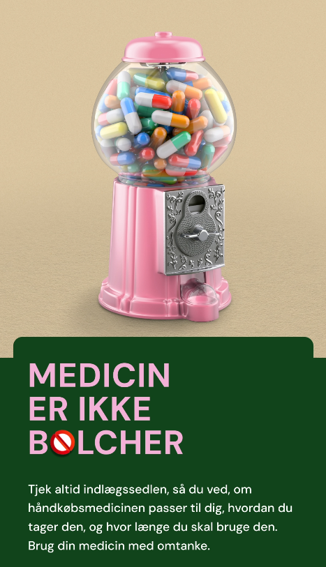 Billede af bolche-automat fyldt med medicin og teksten: "Medicin er ikke bolcher"