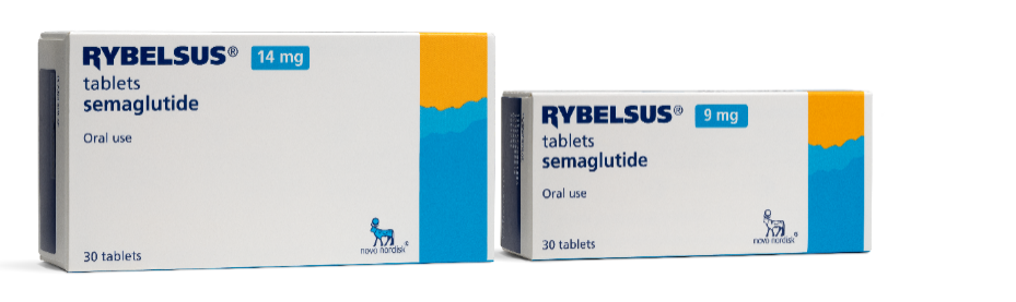 Sekundær pakning for Rybelsys højeste styrke, oprindelig til venstre, ny til højre