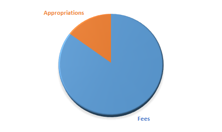 Diagram showing the Danish Medicines Agency's funding with approximately 15% from appropriations and 85% from fees